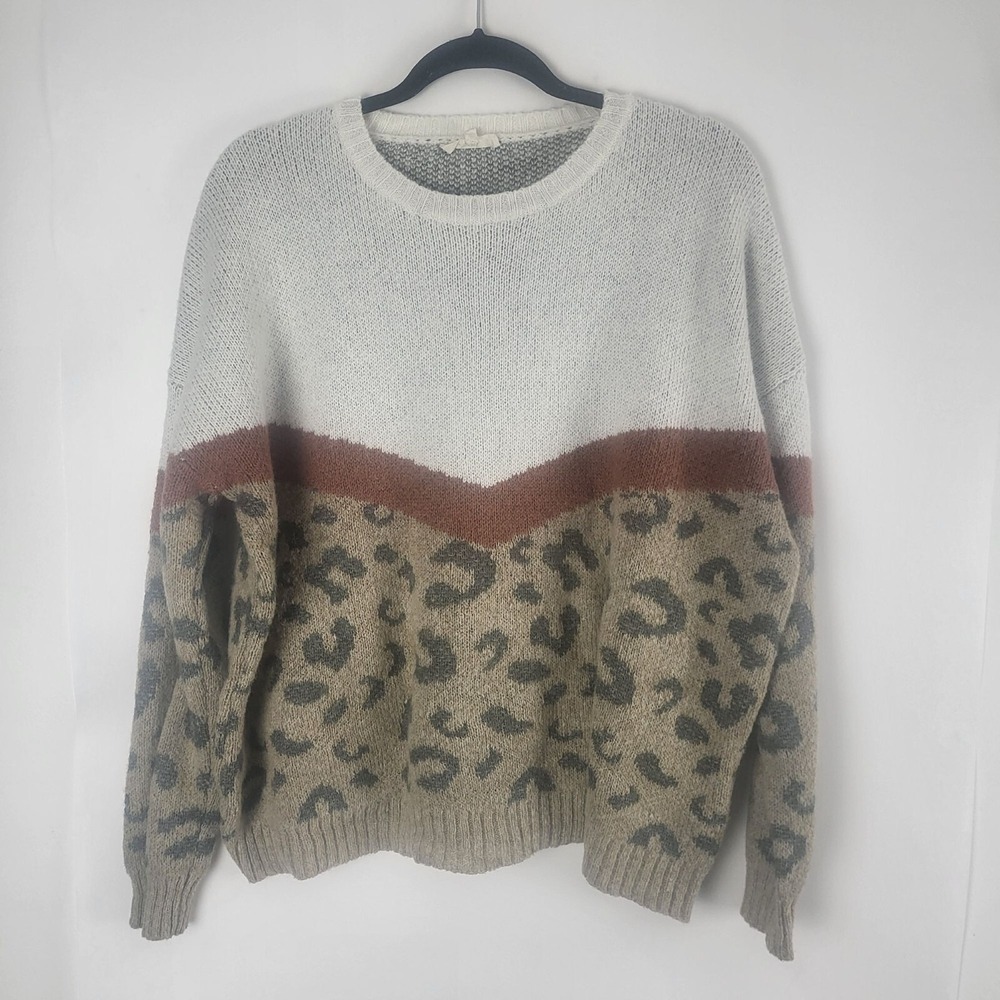 Easel Sweater M Womens Color Block Long Sleeve Crew Neck Animal Print Pullover